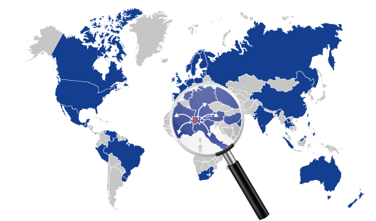 Weltkarte die blau eingefärbt zeigt, wo die Kunden der Parm AG ansässig sind