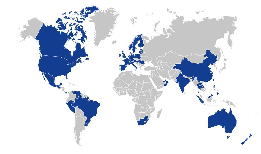 Mapa mundial en azul de los clientes de Parm AG