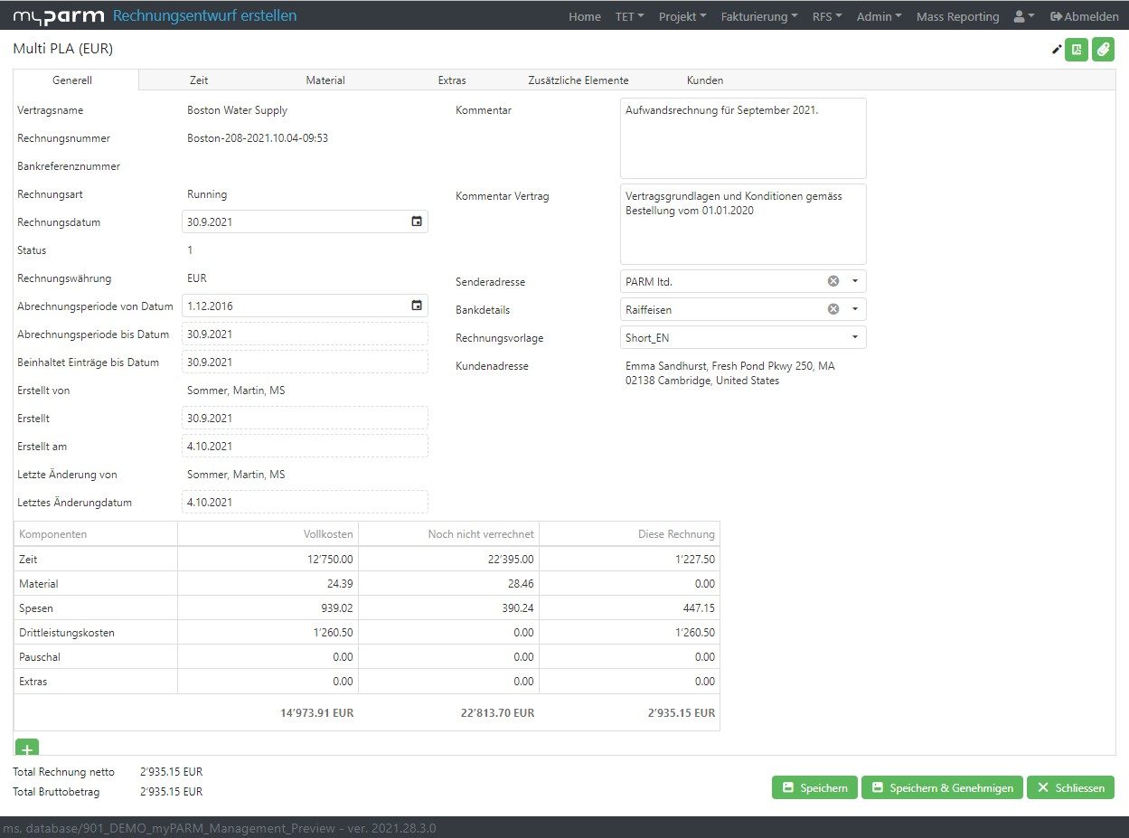 Creation of an invoice in the project management software myPARM