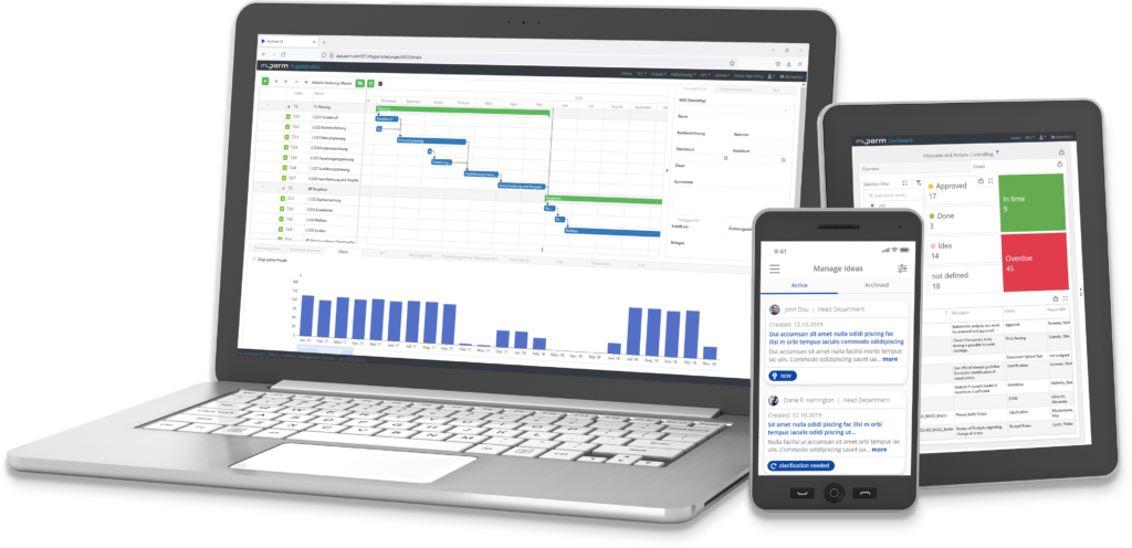 Laptop, tablet and smartphone with Parm software on the screens